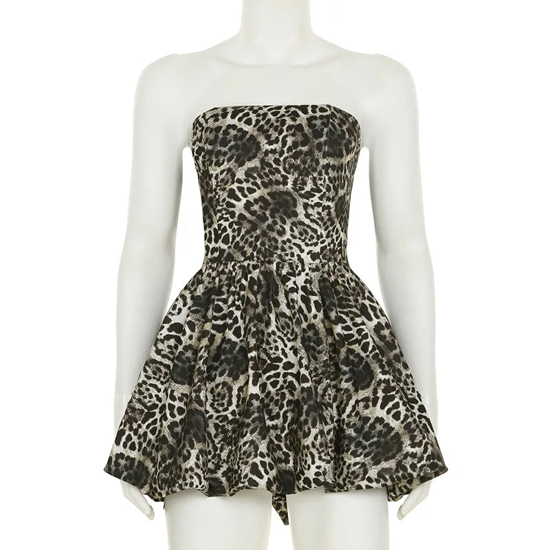 STYLISH LADY Leopard Printed Bud Dress 2025 Spring Strapless Backless Patchwork Sexy Club Party Mini Vestidos De Festa