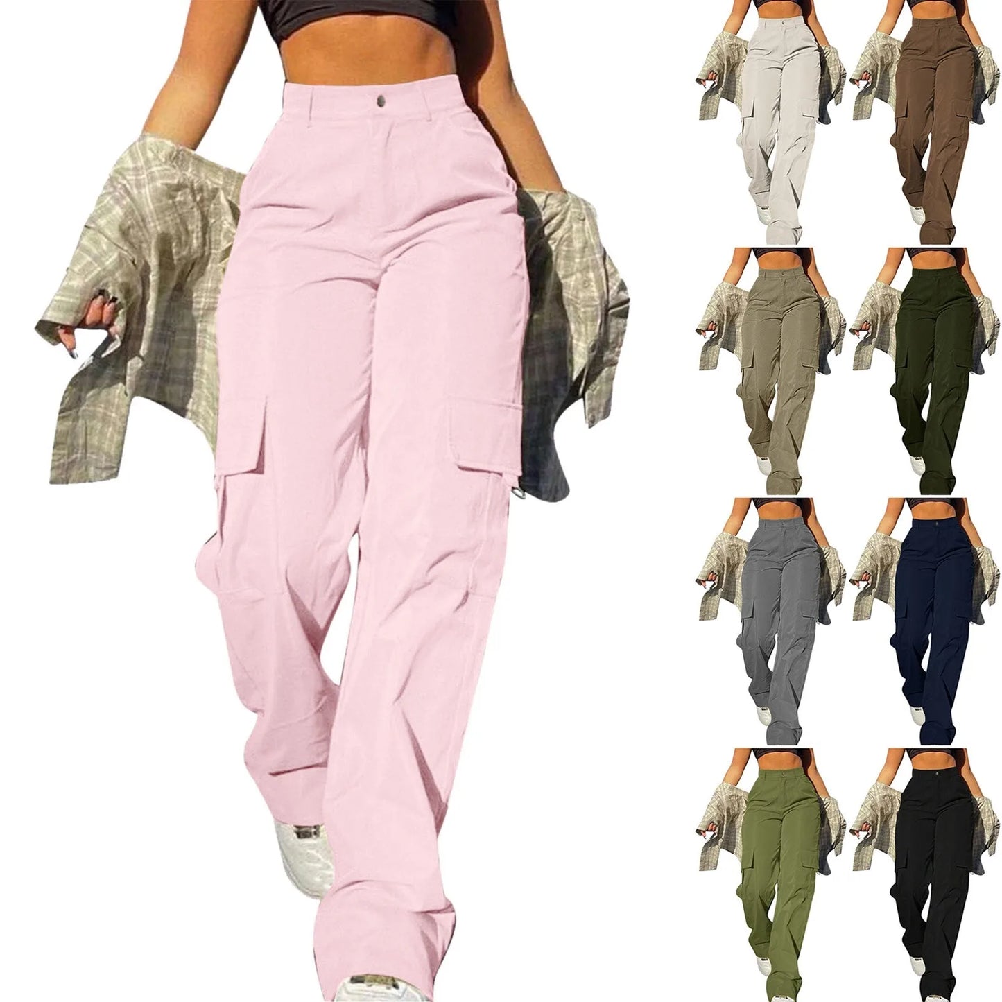 Women Cargo Pants With Pockets Stretch High Waisted Casual Sweatpants Straight Wide Leg Long Pants Sporty Jogger Trouser