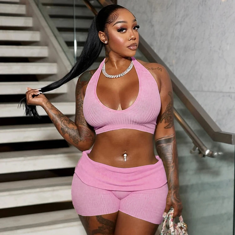STYLISH LADY Printed Ribbed 2 Piece Set Women Halter Backless Crop Top and Shorts Suits 2025 Summer Sexy Club Party Outfits