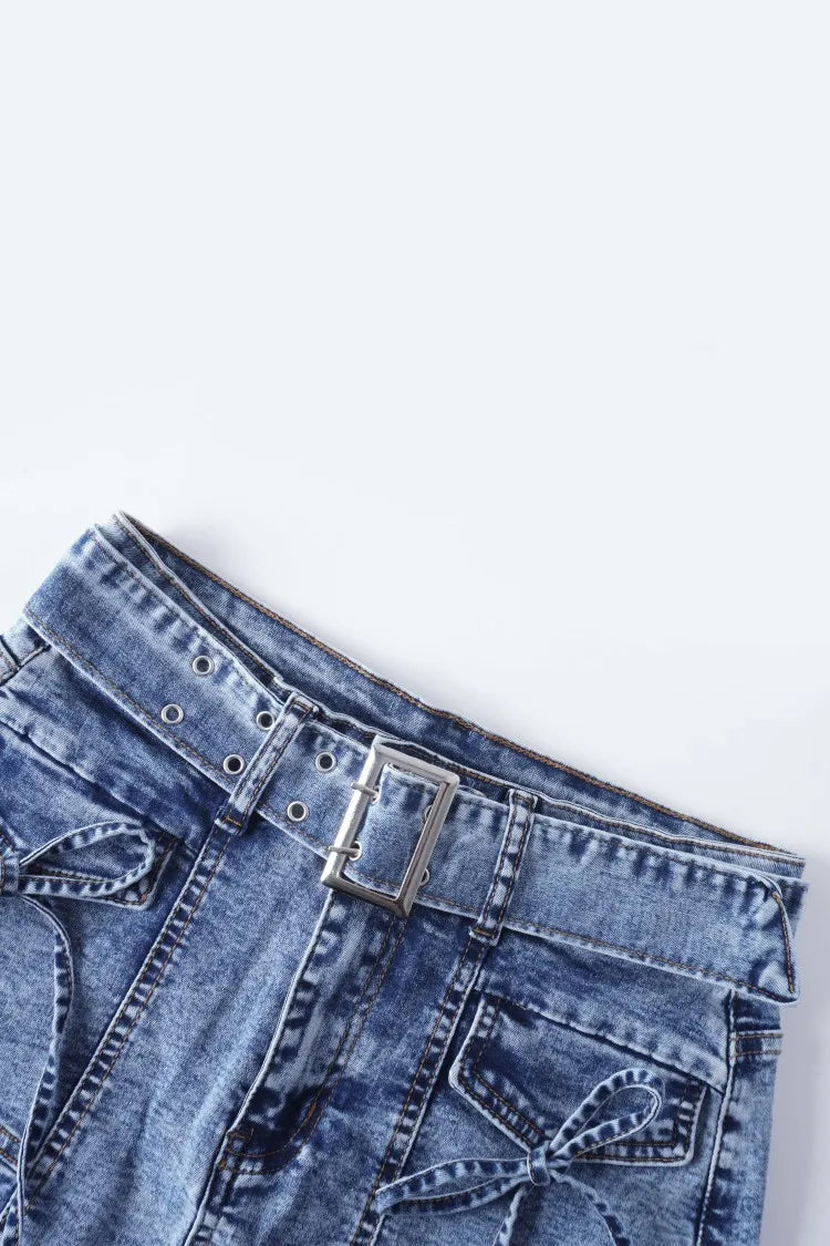 Women's Blue jeans shorts Y2K Inspired Belted Design Bow Adorned Pockets Trendy Streetwear for Fashion Forward Women