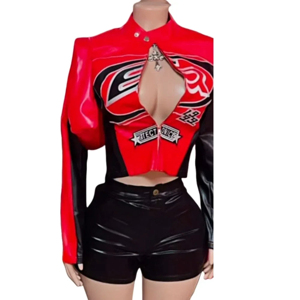 HLJ&GG Trendy Women's Outfits Women Leather Punk Letter Embroidery Crop Jacket And Button Shorts Two Piece Sets Y2K Streetwear