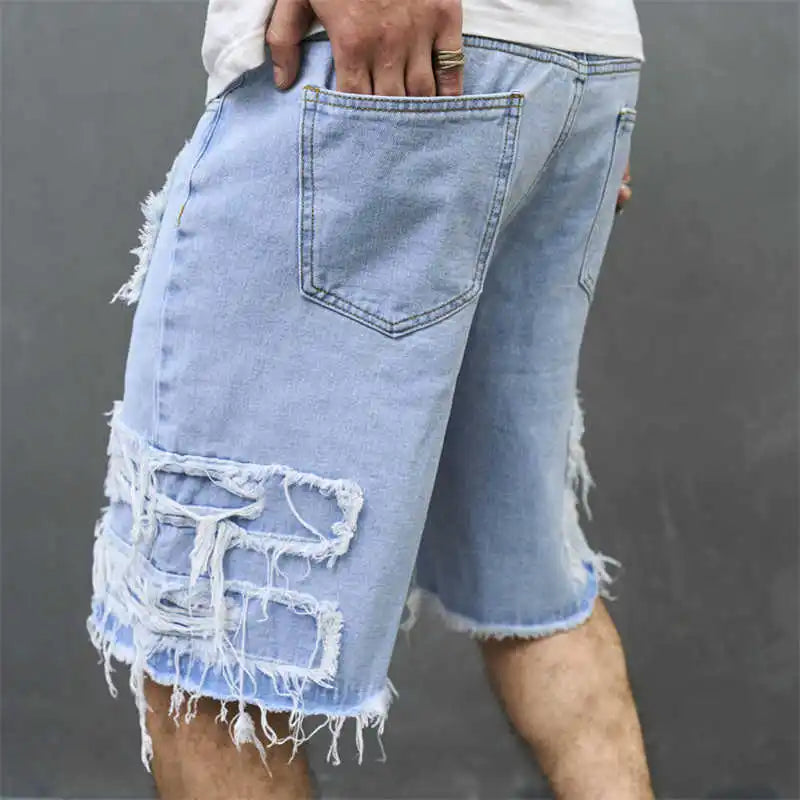 Denim Hole Knee Length Men Washed Jean Mid Waist Spliced Ripped Pockets Loose Fit Distressed Straight Pants 2024 Casual