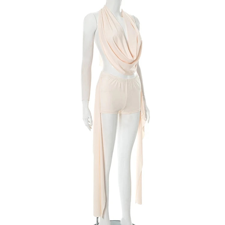 STYLISH LADY Nude Ribbon 2 Piece Set Women Halter Backless Crop Top and Shorts Suits 2025 Summer Sexy Club Hollow Out Outfits