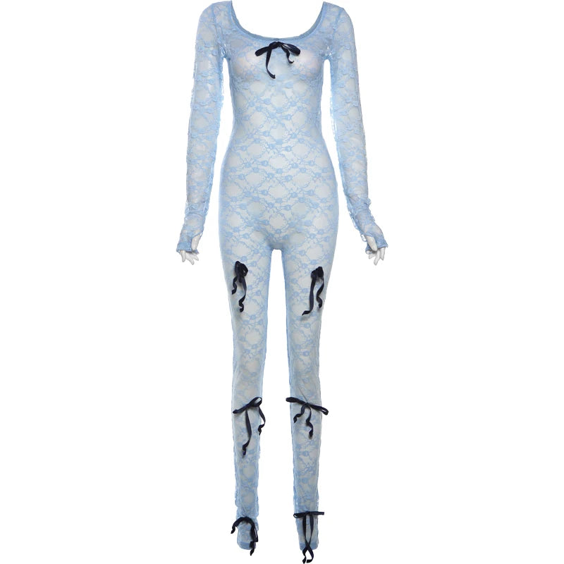 Weird Puss See Through Jumpsuit Sexy Women Summer Fashion Coquette Low-Neck Midnight Clubwear Skinny Elastic Workout Overalls