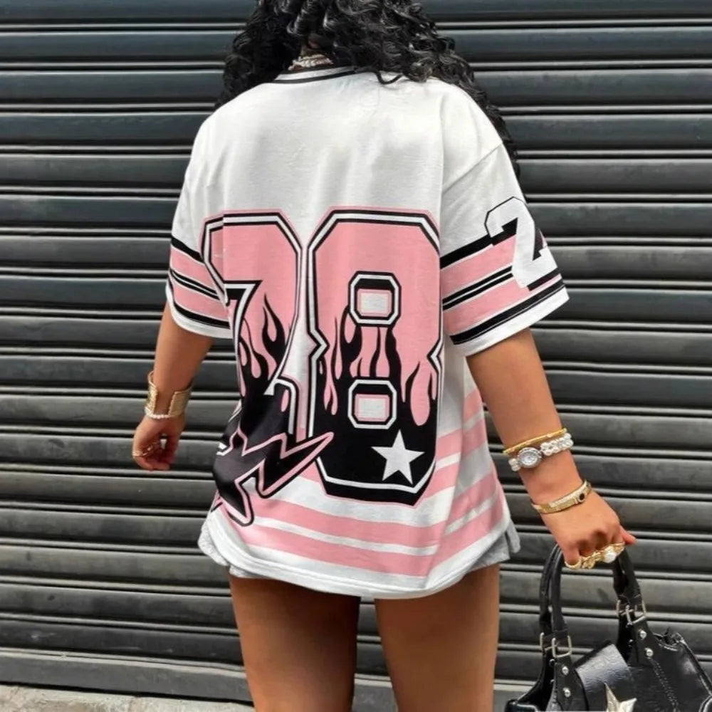 HLJ&GG Pink Fashion Letter Loose Tshirts Two Piece Sets Women V Neck Short Sleeve Top+Pleated Mini Skirts Outfits Y2K Streetwear