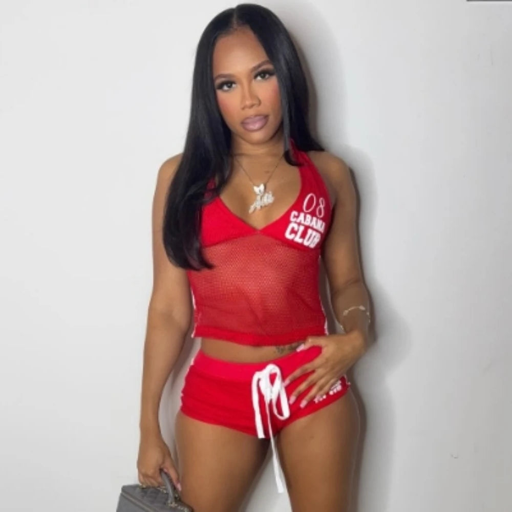 HLJ&GG Red Fashion Mesh Letter Print Two Piece Sets Women Halter Slim Crop Top+Drawstring Shorts Outfits Y2K Summer Streetwear