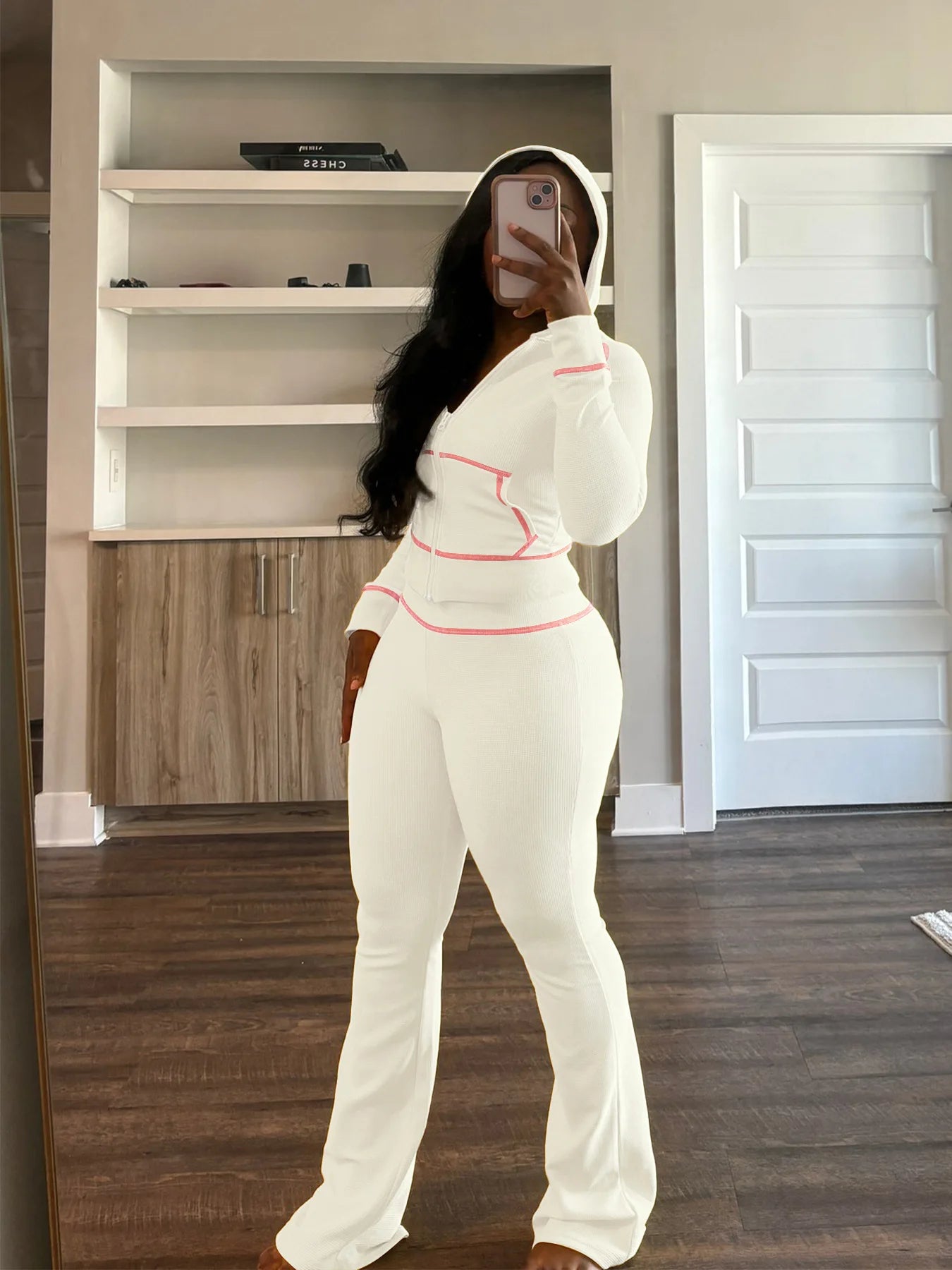 HLJ&GG Spring New Waffle Flare Pants Two Piece Sets Women Zip Hooded Long Sleeve Top + Pants Outfits Casual Sporty 2pcs Clothing