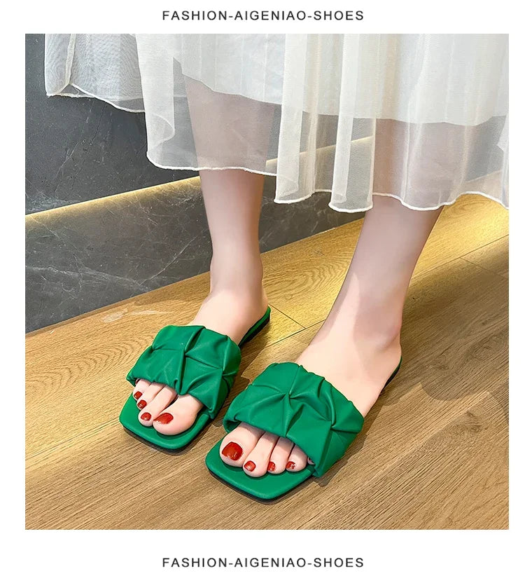 Summer Slippers For Women Flip Flops Flats 2024 New Pleated Korean Slippers Women Sandals Green Slip On Shoes Big Size 35-42