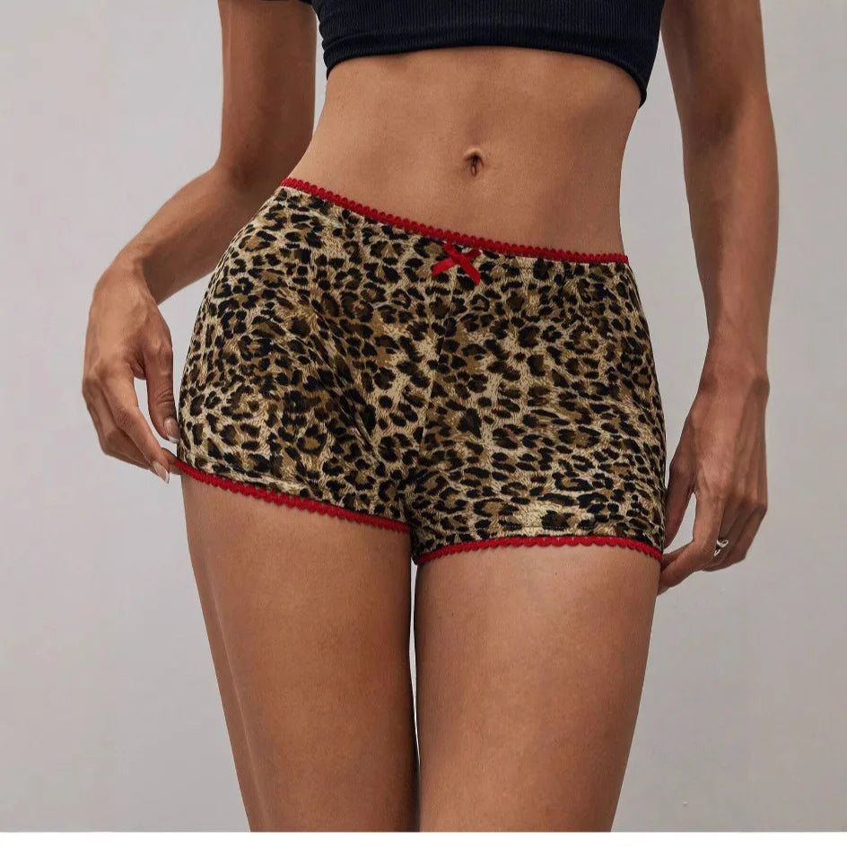 HLJ&GG Y2K Summer New Leopard Print Two Piece Ssets Women O Neck Short Sleeve Tshirts And Bow Shorts Outfits Fashion Streetwear