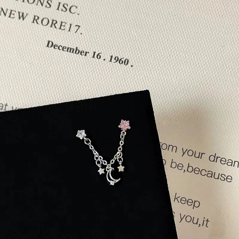 Women's Pink Heart Chain Double-Piercing Earring