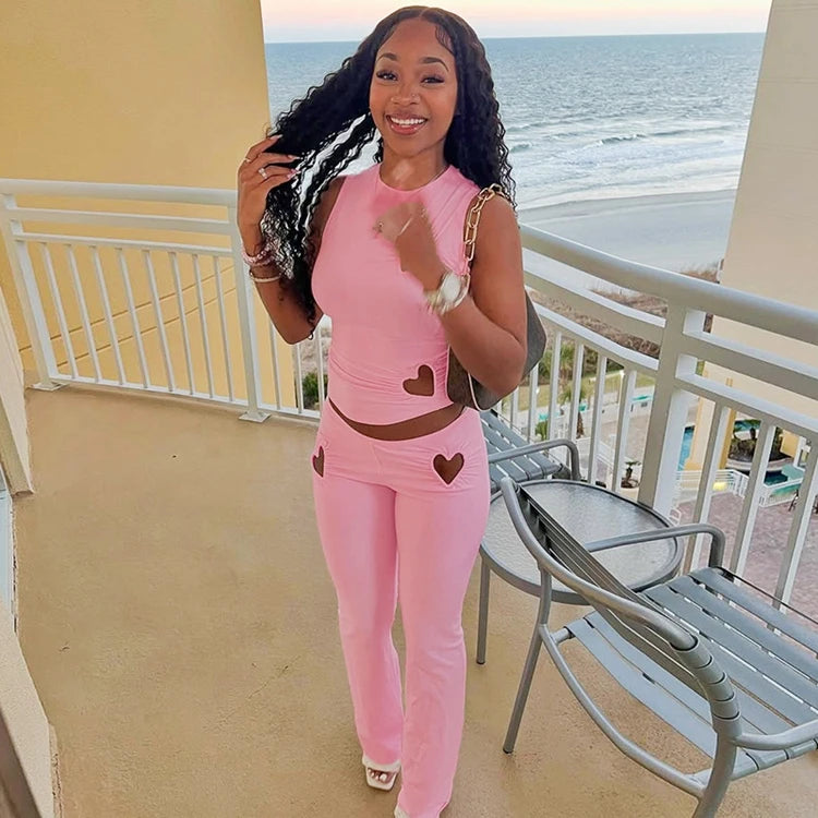 STYLISH LADY Cut Out Heart Fitness 2 Piece Set Women Sleeveless Crop Top and Skinny Pant Suits 2025 Summer Hot Girl Tracksuits