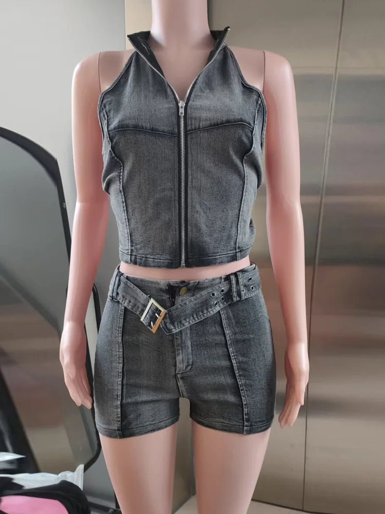 Kricesseen Hot Girls Distressed jeans 2 Piece Set Stylish Zip Up Halter Jeans Top And Belted Shorts Set Night Club Outfits