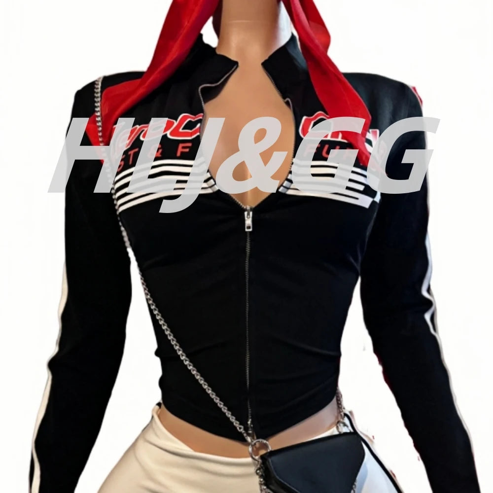 HLJ&GG American Vintage Letter Print Two Piece Sets Women Zip Long Sleeve Slim Top+Denim Pocket Pants Outfits Fashion Streetwear