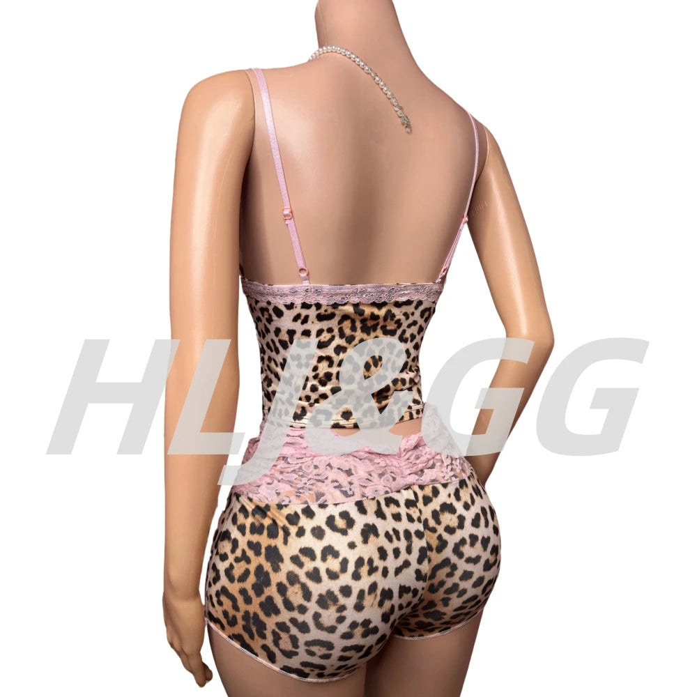 HLJ&GG Fashion Leopard Lace Stitching Two Piece Sets Women V Neck Spaghetti Strap Slim Crop Top + Shorts Outfits Sexy Streetwear