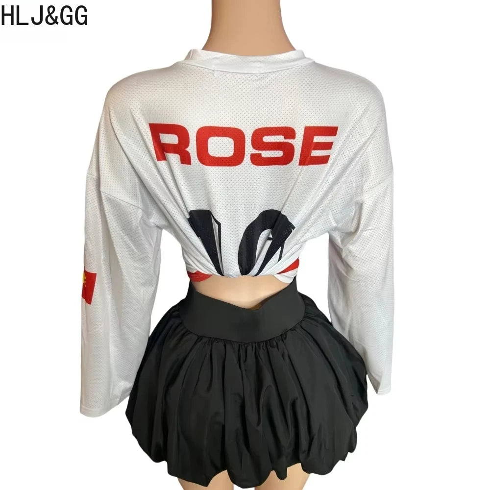 HLJ&GG Y2K Letter Print Mesh Two Piece Sets For Women V Neck Long Sleeve Top + Puffy Mini Skirts Outfits Fashion 2pcs Streetwear