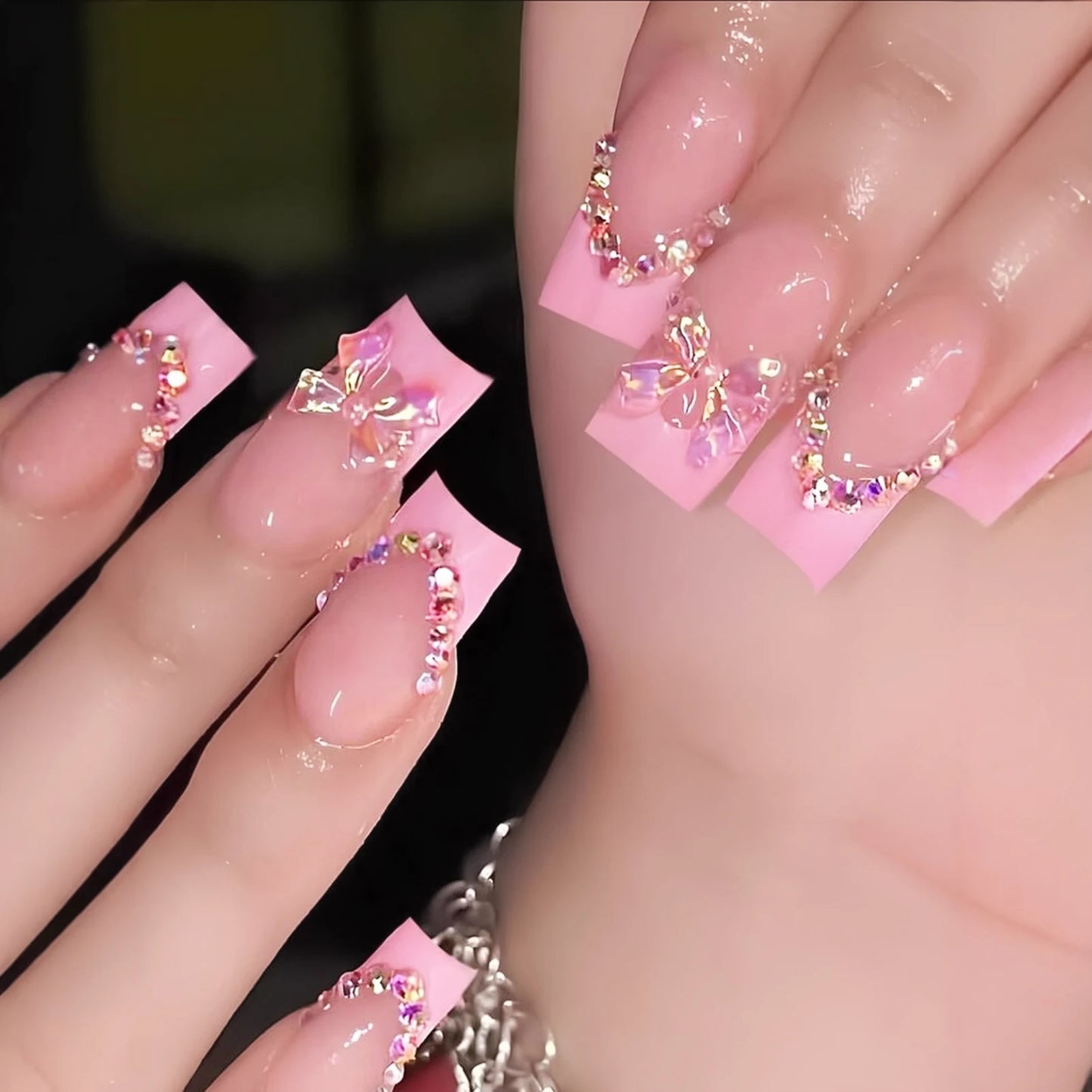 24pcs Nude Pink False Nails Patches 3D Bowknots Flower Press On Nails 2024 New Wearable White French Style Fake Nail Tips