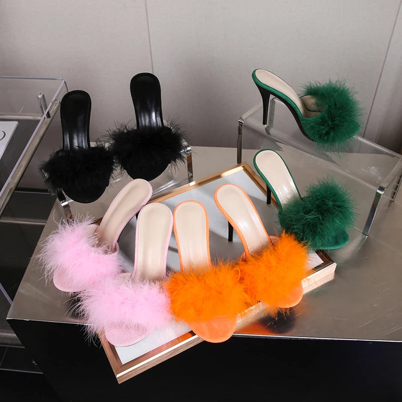 10CM Thin High Heel Designer Plus Size Summer Slippers For Ladies 2025 New Furry Slip-on Women's Shoes Pink Fur Slides Sandals