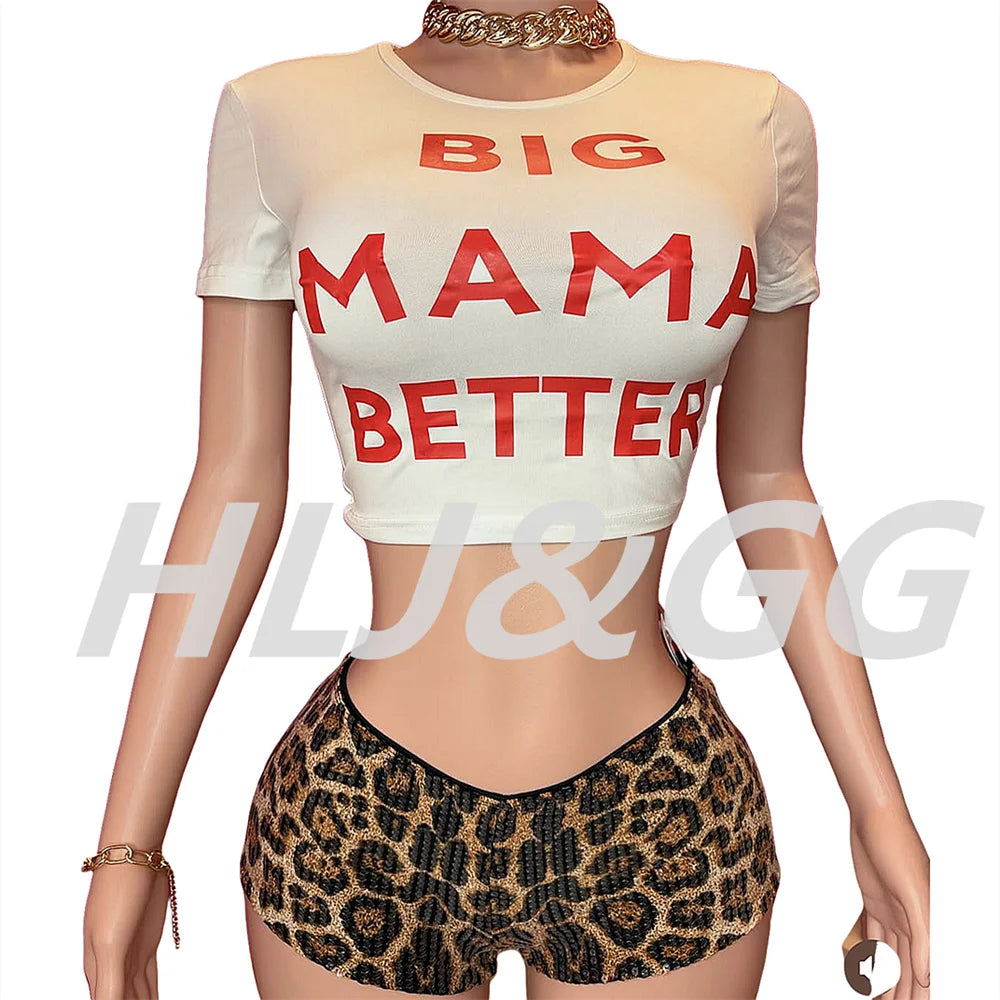 HLJ&GG Y2K Fashion Leopard Sequined Shorts Two Piece Sets Women Letter Print Round Neck Slim Crop Top And Shorts Outfits 2025