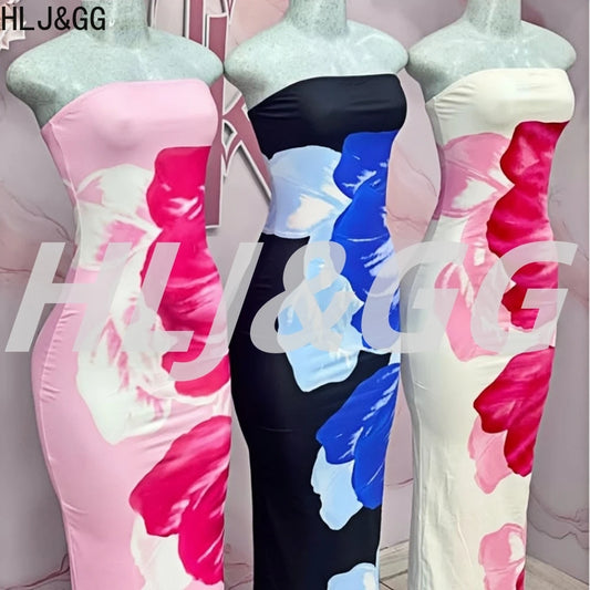 HLJ&GG Sexy Flowers Printing Bodycon Maxi Dresses Women Off Shoulder Sleeveless Backless Slim Vestidos Fashion Streetwear 2025