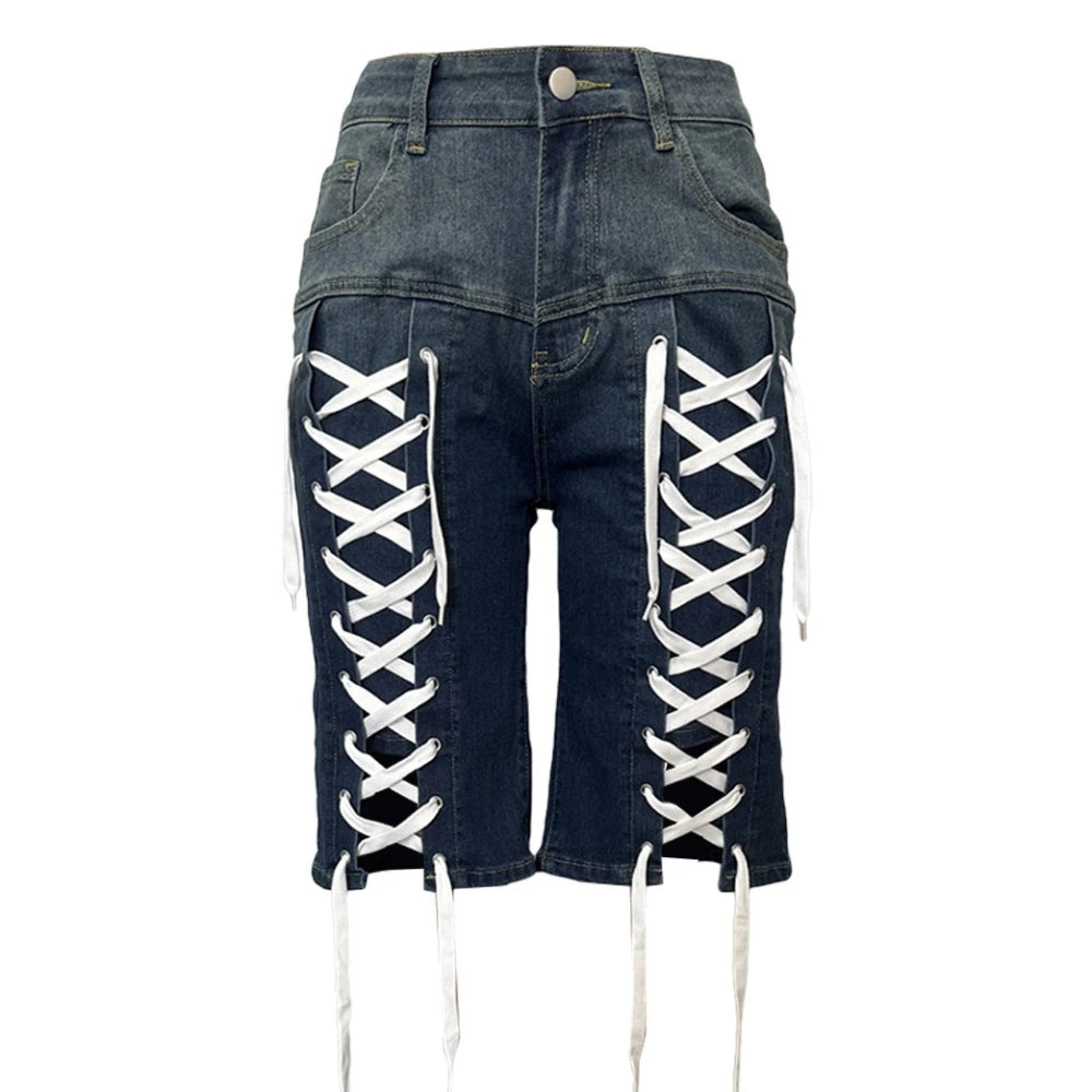 HLJ&GG American Vintage Fashion Bandage Straight Jean Shorts Women High Waisted Button Loose jeans Shorts Female Cowboy Bottom