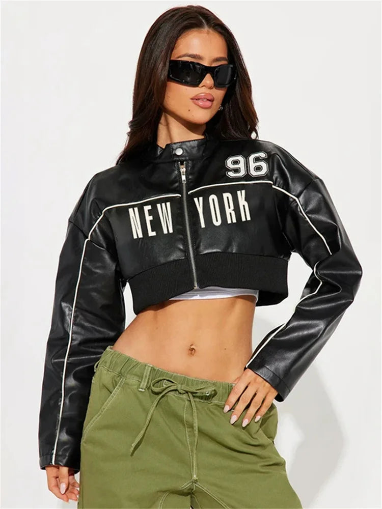 Weird Puss PU Patchwork Women Jacket Letter Print Hipster Button Zip Full Sleeve Trend Cool Street Spring Outwear Crop Coat