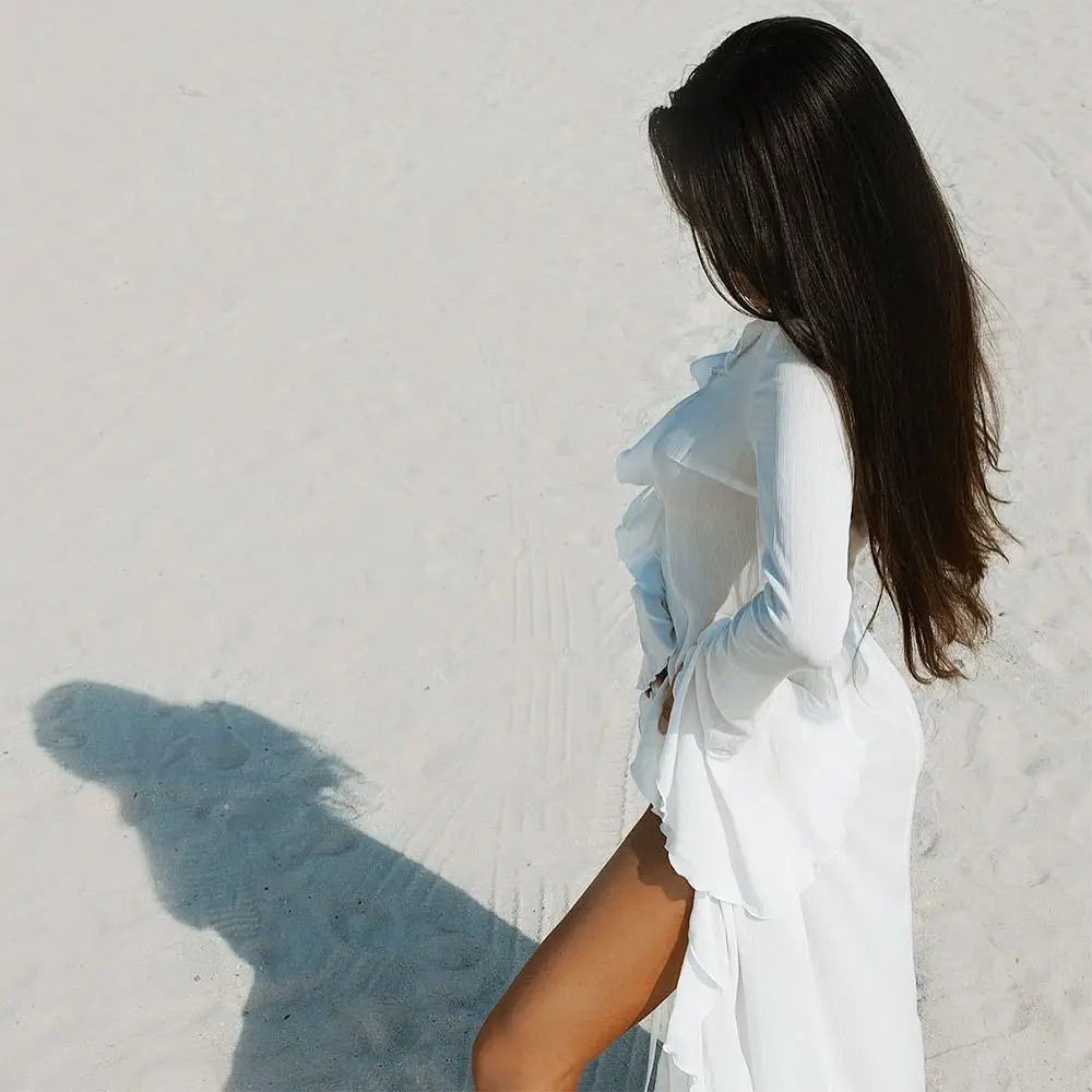 Fashion V Neck Summer Beach Cover Up Ruffled Loose Beach Dress Long Sleeve Vacation Swimsuit Cover Up Dress for Women
