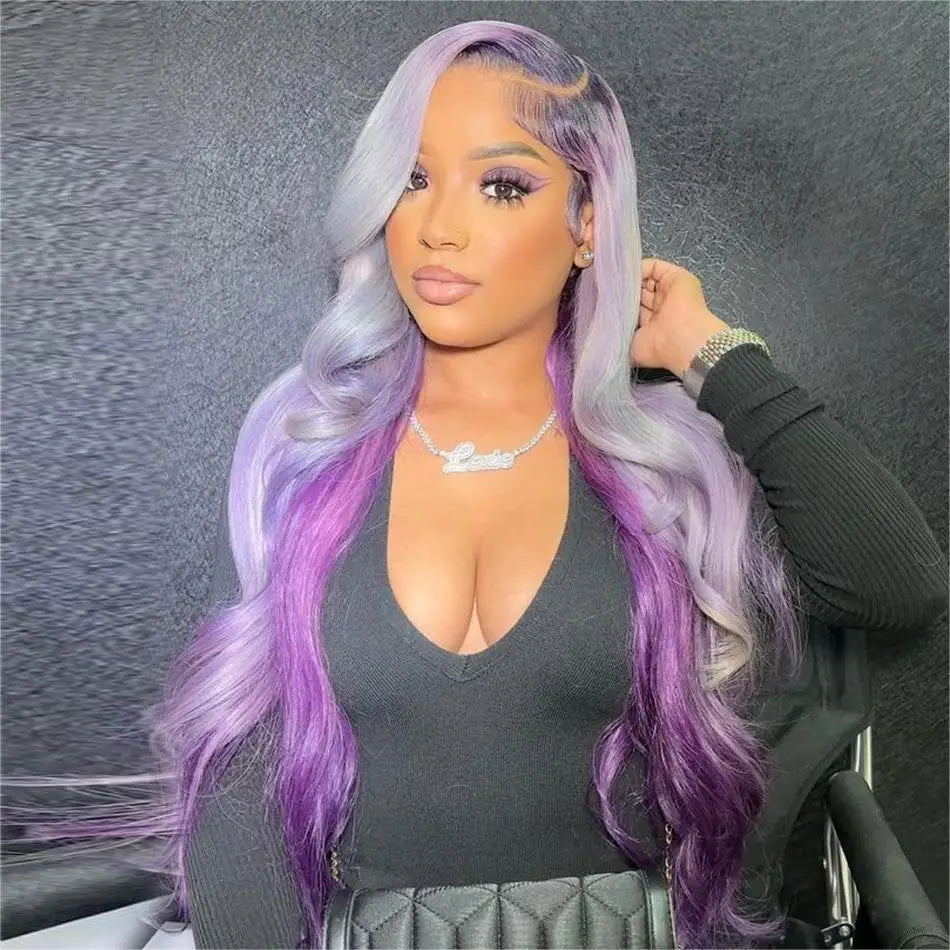 13X4 Lace Front Wig Ombre Purple With Silver Grey Body Wave Glueless Wig Human Hair 613 Lace Frontal Human Hair Wigs