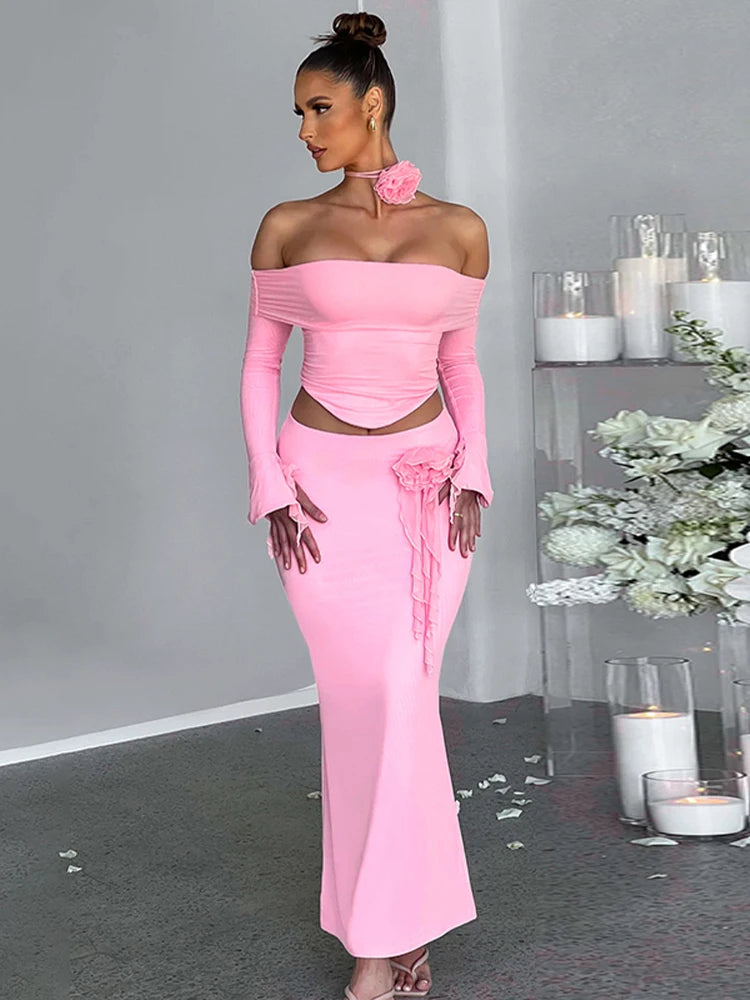 Dulzura Matching Suit Neck Accessories 3D Flower Off Shoulder Long Trumpet Sleeves Crop Top Tassel Maxi Skirt 2024 Autumn Women