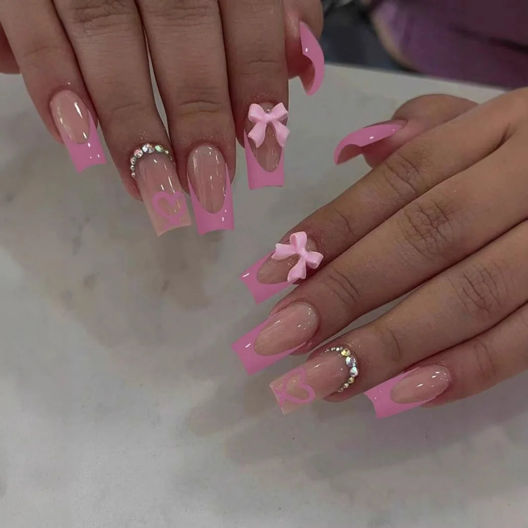 White French Press on Nails 3D Bowknot Fake Nails Tips Full Cover Wearable False Nails for Women and Girls DIY 24Pcs