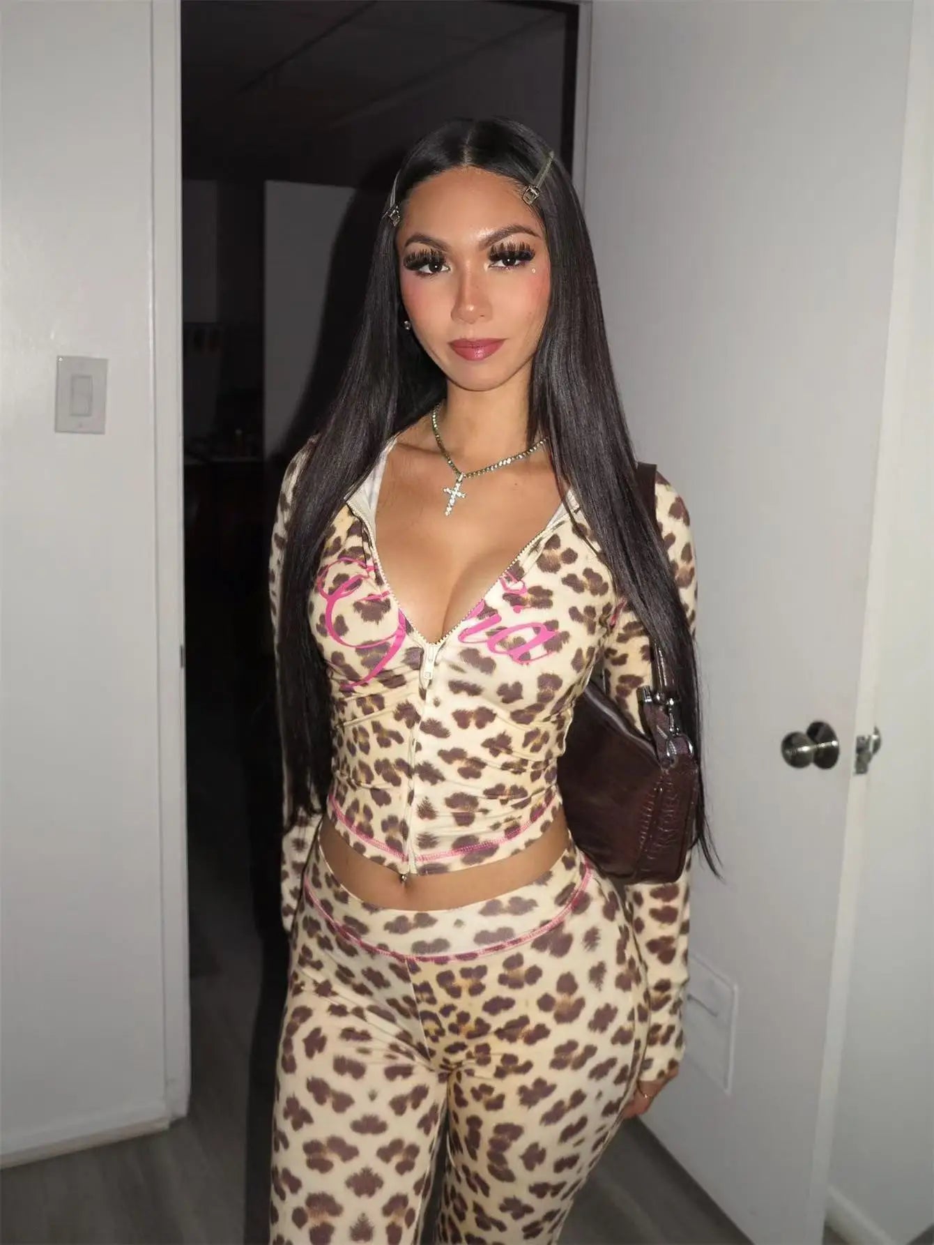 HLJ&GG Y2K Leopard Letter Hooded Two Piece Sets Women Zipper Long Sleeve Slim Crop Top And Pants Outfits Fashion 2pcs Streetwear