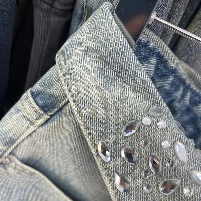 Vintage Fashion High Waist Diamonds A-line Skirt Trend Sexy Pocket Skirt Clothing Fashionable Distressed Mini jeans skirt