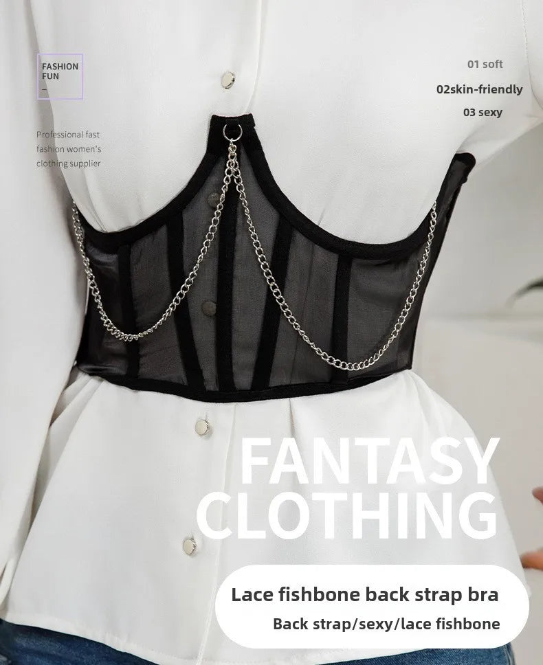 Sexy Corset Underbust Punk Metal Chain Black Women Top Curve Shaper Strap Slimming High Waist Belt Lace Green Corset