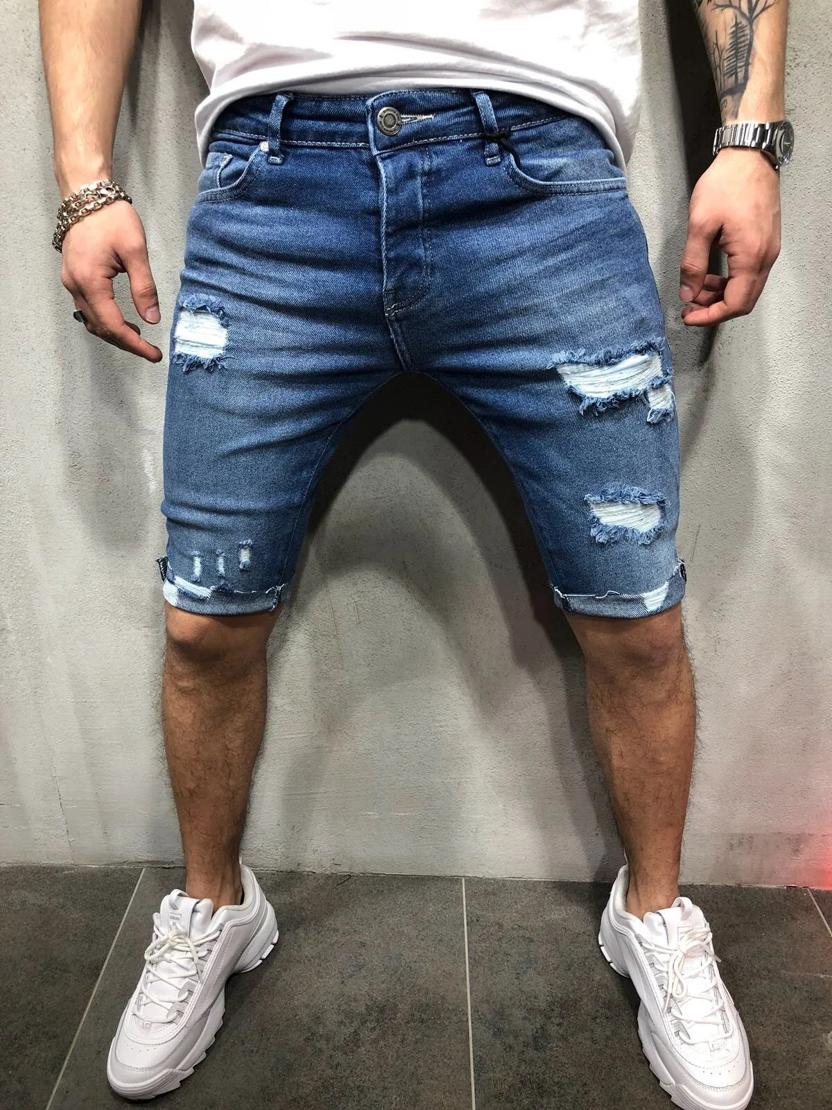 Summer Ripped Skinny Denim Shorts for Men with Distressed Ripped Cat Whiskers Hip Hop Streetwear Short Pants Men's Pants