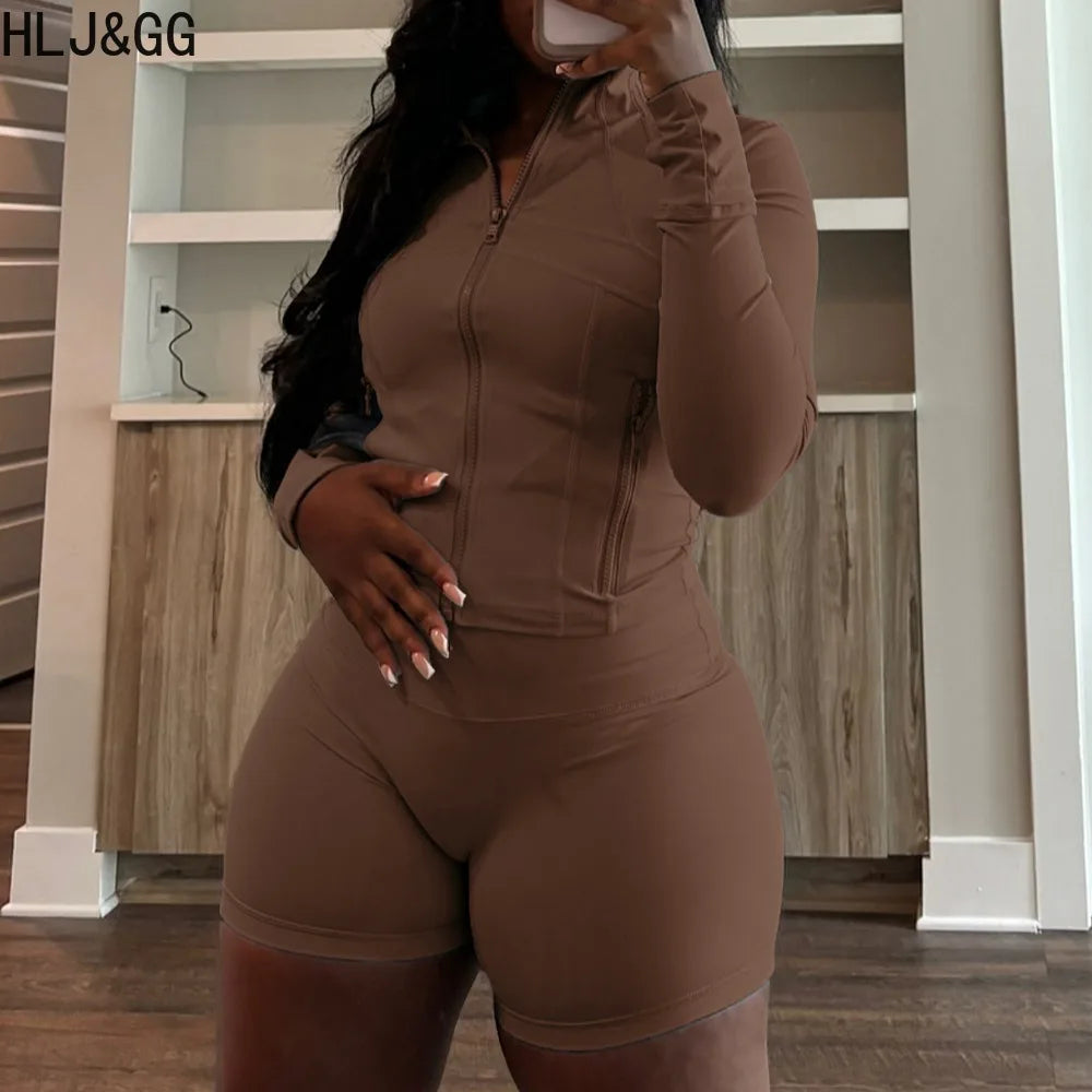 HLJ&GG Casual Sporty Skinny Shorts Two Piece Sets Women Zip Long Sleeve Slim Top + Shorts Outfits Summer New Stretchy Tracksuits
