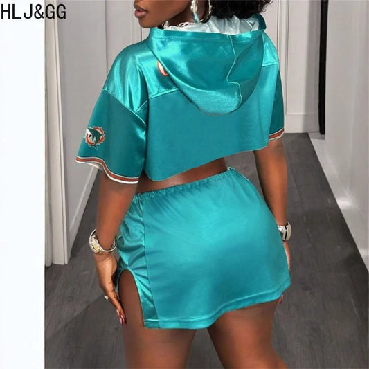 HLJ&GG Fashion Trend Y2K Letter Print Two Piece Sets Women Round Neck Short Sleeve Crop Top And Mini Skirts Outfits Streetwear