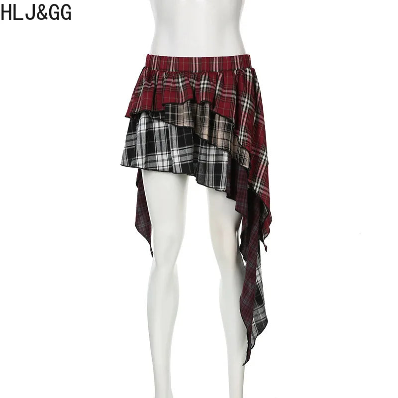 HLJ&GG Fashion Plaid Printing Irregular Mini Skirts Two Piece Sets Women O Neck Short Sleeve Top And Skirts Outfits Streetwear