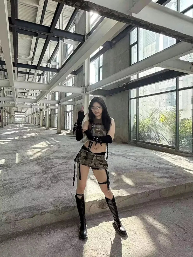 Summer Gothic Vintage Lace Up Slim Camouflage Lolita Shorts Skirts Women Kawaii Aesthetic Y2k A-line Package Hip Short Skirt