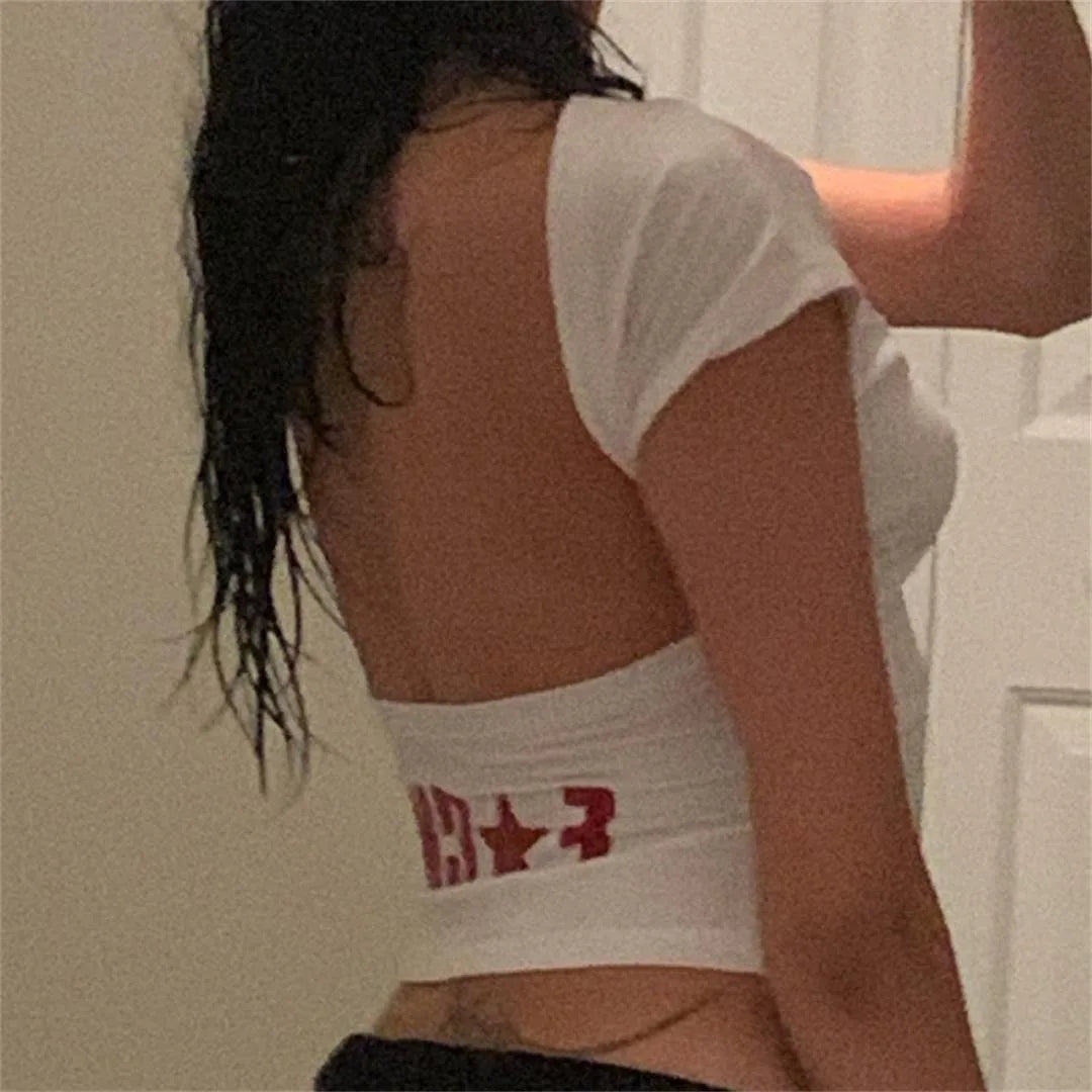HLJ&GG Red Fashion Letter Backless Tshirts Two Piece Sets Women O Neck Short Sleeve Slim Crop Top And Lace Skirts Shorts Outfits
