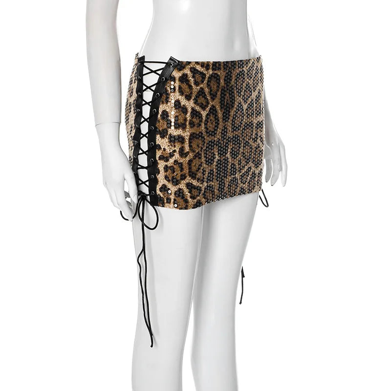 HLJ&GG Fashion Knitting Printing Tank Top Two Piece Set Women Sleeveless Slim Crop Vest+Leopard Side Bandage Mini Skirts Outfits