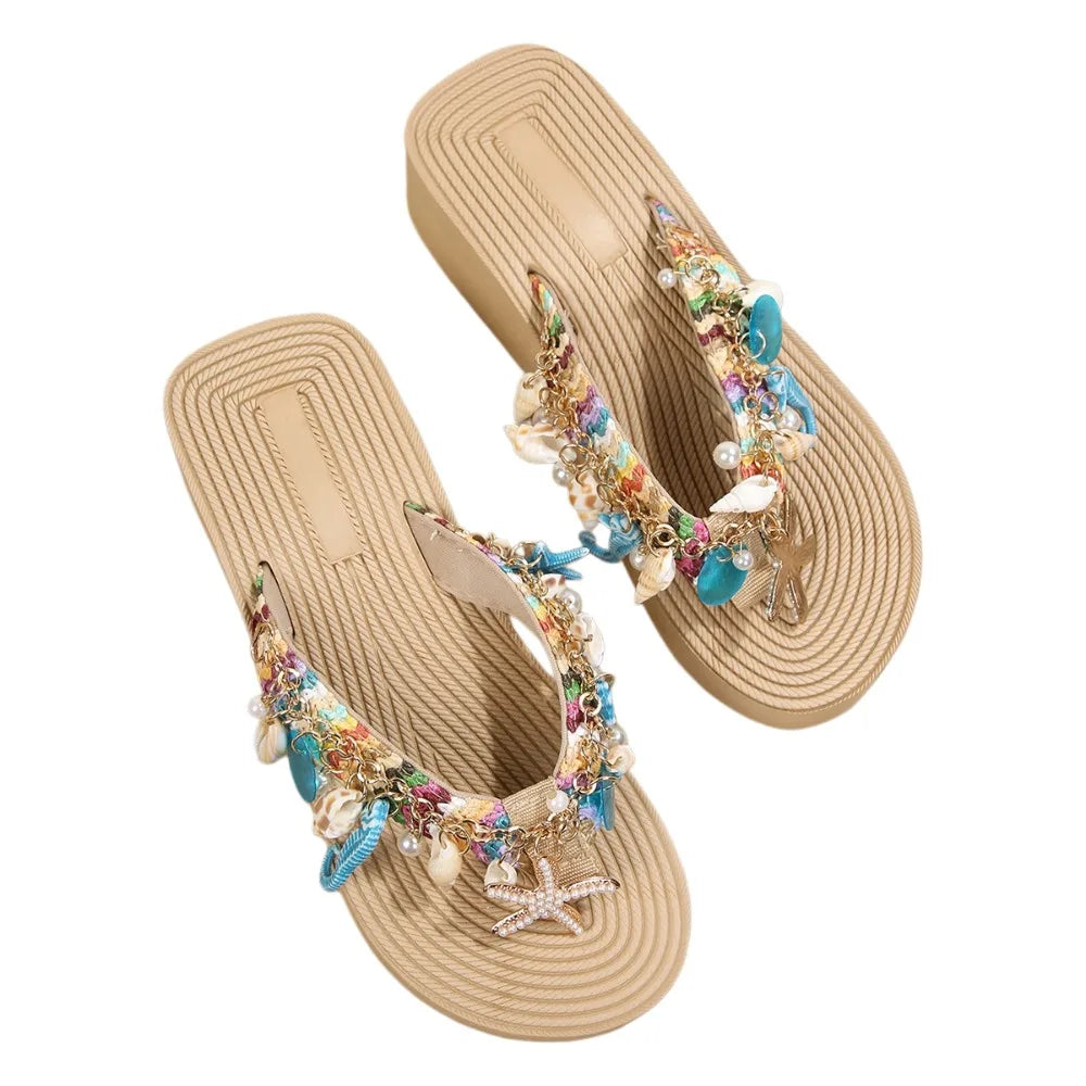 Creative Seahorse Bohemian Starfish Flip Flops Starfish Conch Women Shell Slippers Ocean Beach Pearl Girl Summer Sandal Lady