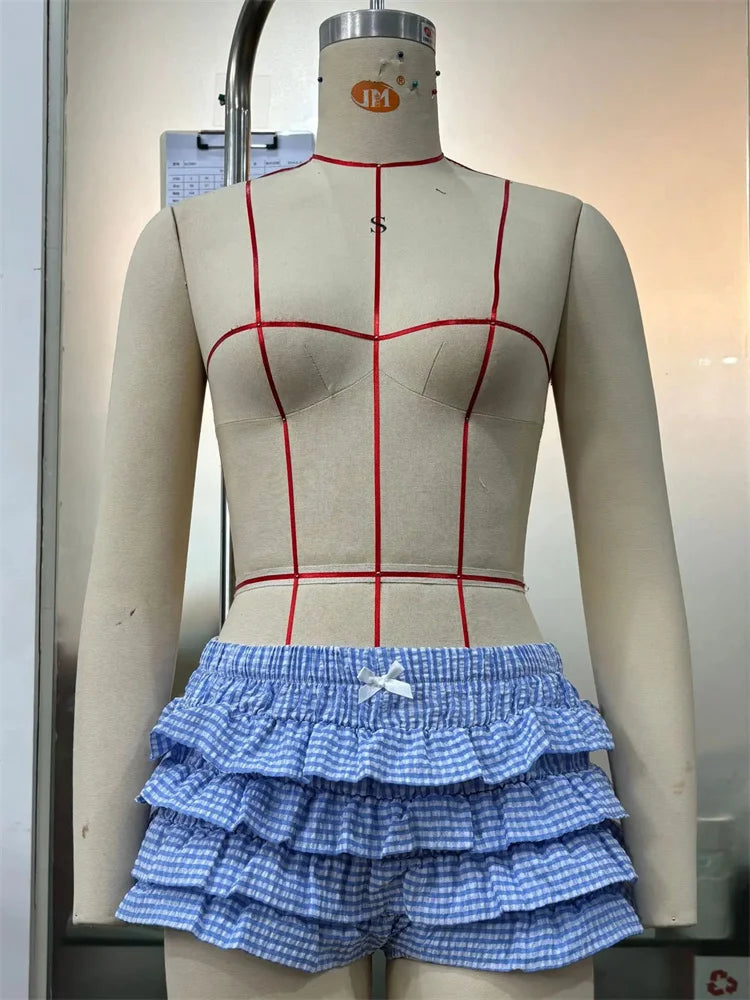 Weird Puss Y2K Tierred Shorts Women Summer Low-waist Plaid Sweet Cake Style Skinny Culotes Street Hottie Trend Party Clubwear