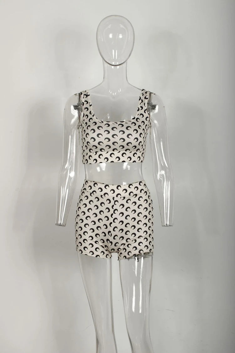 STYLISH LADY Moon Printed 2 Piece Set Women Sleeveless Crop Top and Shorts Suits 2025 Summer Sexy Club Party Fitness Outfits