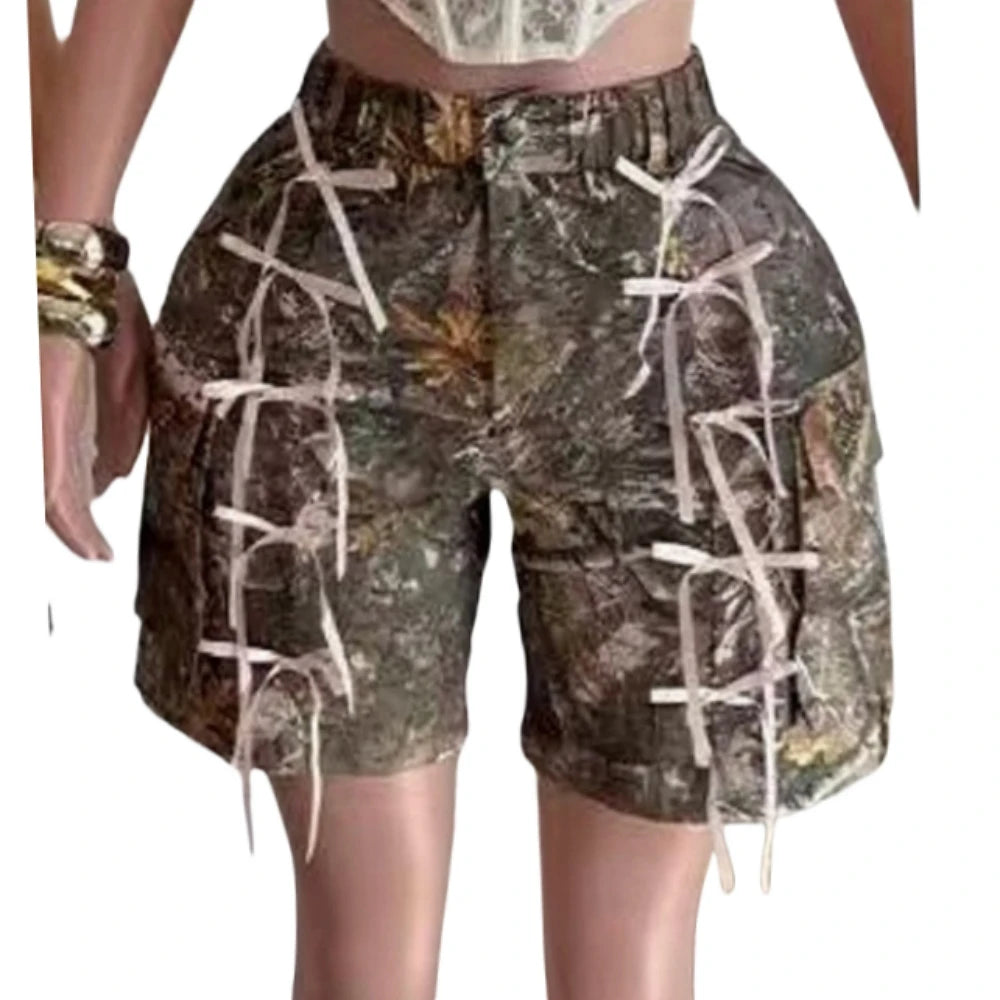HLJ&GG American Vintage Style Women High Waist Button Harajuku Straight Shorts Fashion Print Pocket Bow Bottoms Streetwear 2025