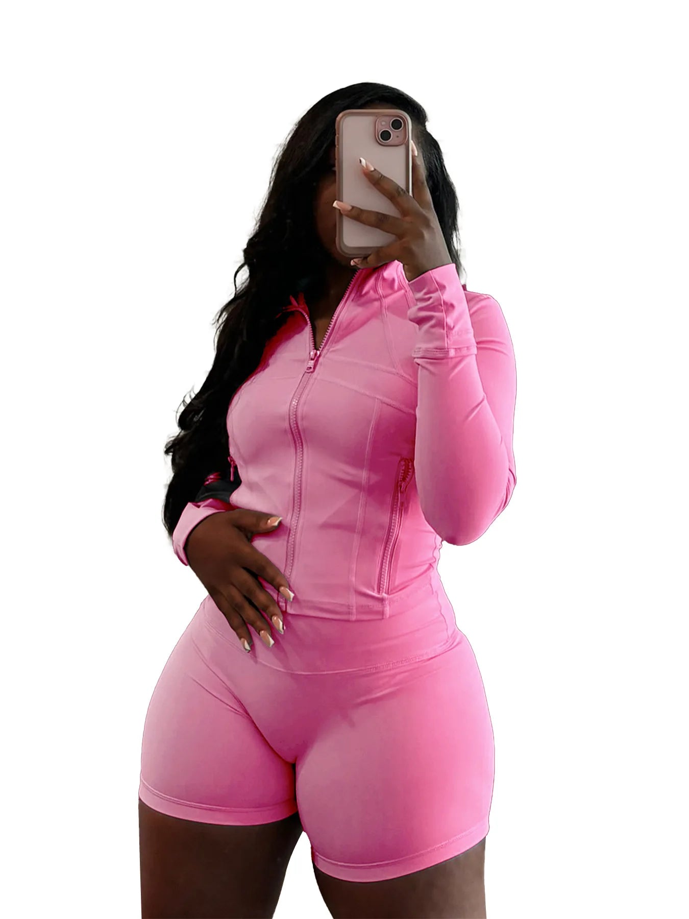 HLJ&GG Casual Sporty Skinny Shorts Two Piece Sets Women Zip Long Sleeve Slim Top + Shorts Outfits Summer New Stretchy Tracksuits
