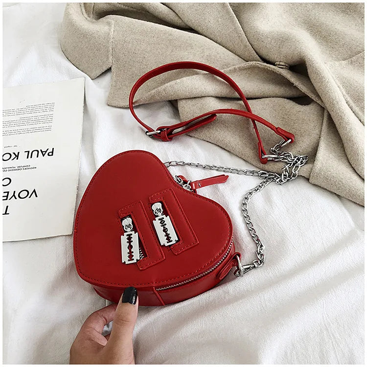 Gothic Heart Blade Zipper Chain Crossbody Bags for Women Girl Casual Shoulder Purses Handbags Techwear Summer Wallet Goth