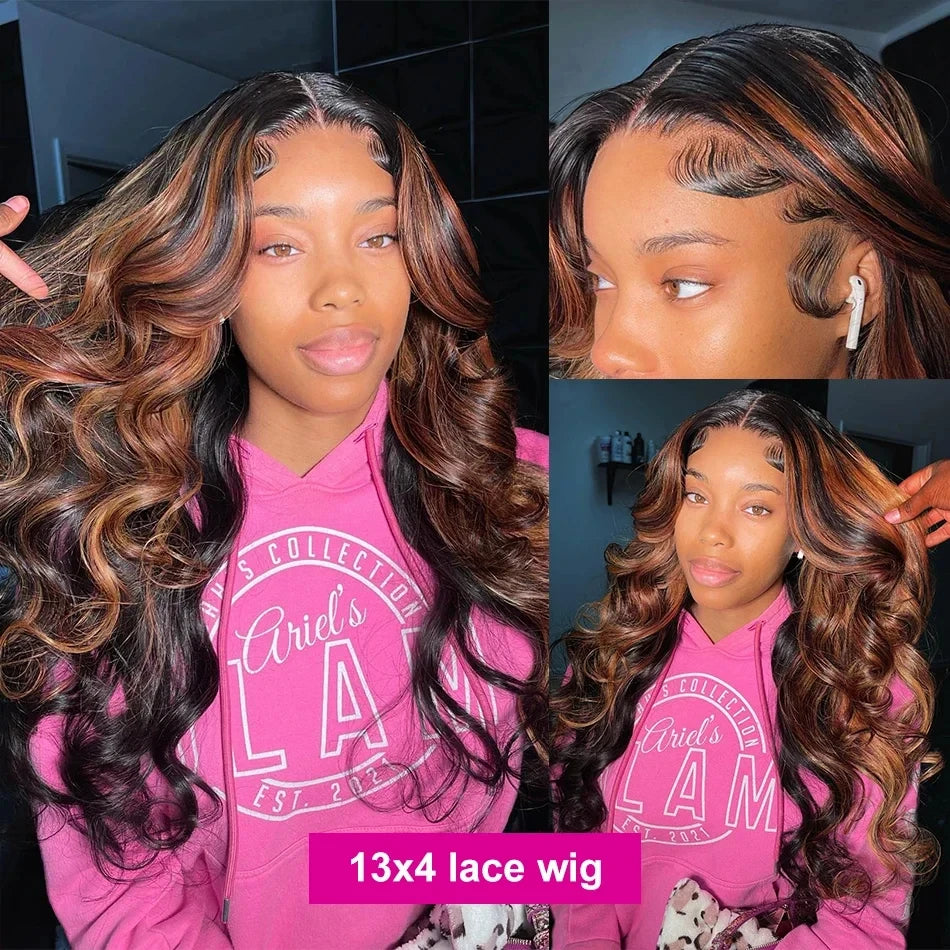 Upgraded 1B/30 Balayage Body Wave 13x4 Highlight Lace Front Human Hair Wig Vietnamese 30 Inch Omber Brown Colored Wig Human Hair