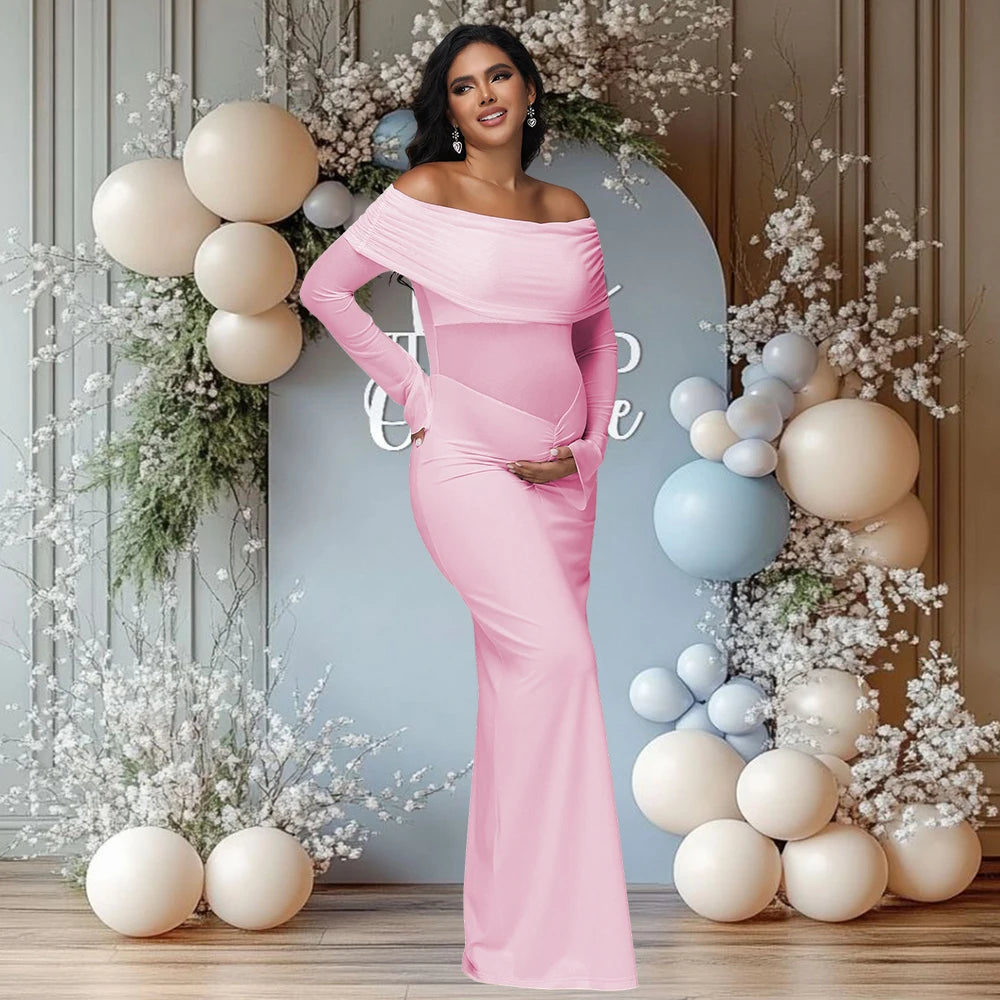 Maternity off Shoulder Long Sleeves Maxi Dress Mesh Paneled Rouched Baby Shower Outfit for Photoshoot