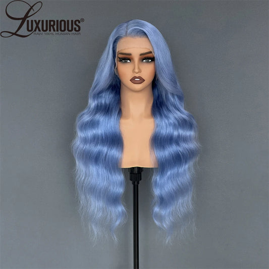 Luxurious 180% Density Ice Blue Virgin Human Hair Wigs 13x4 Body Wave Swiss Transparent Lace Front Wigs With Natural Hairline