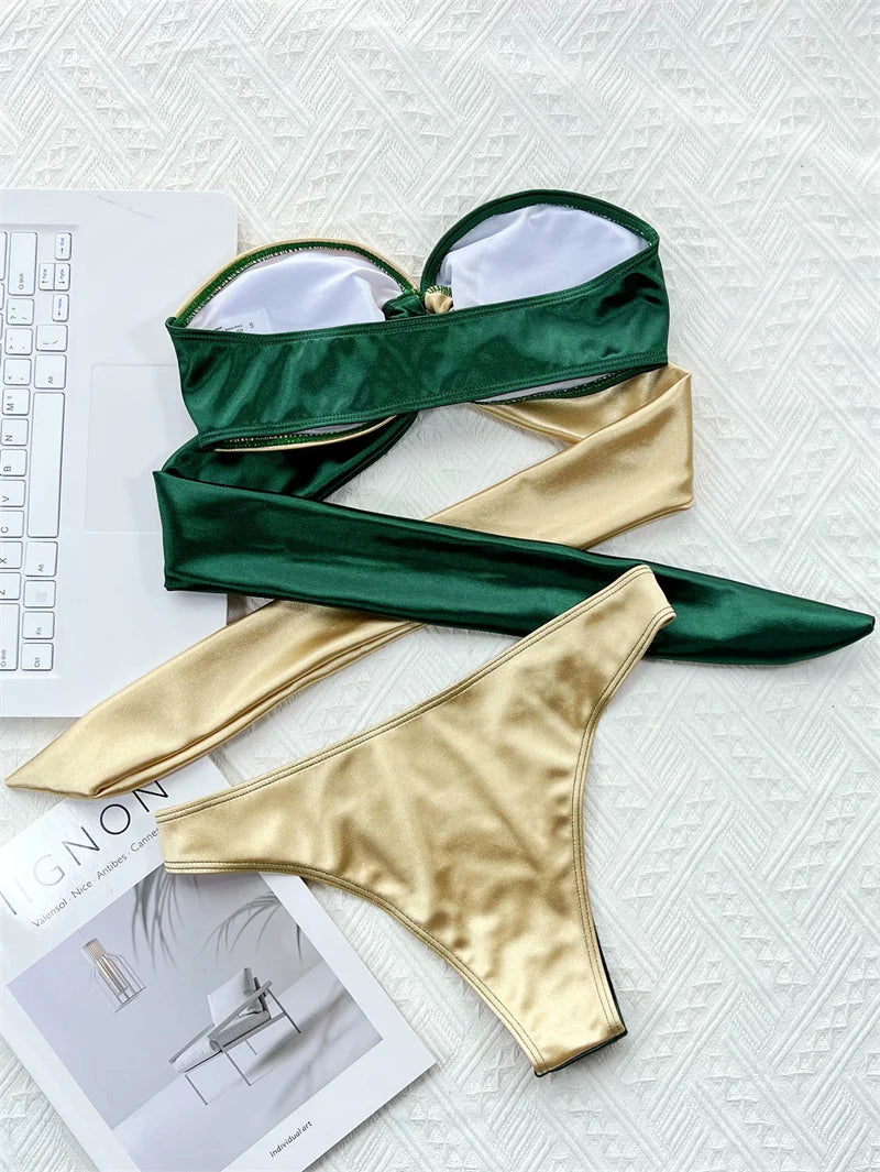 Para Praia Green Gold Bikini 2025 Sexy Strapless Bandeau Swimwear Women Brazilian Swimsuit Thong Biquini Bandage Bathing Suit