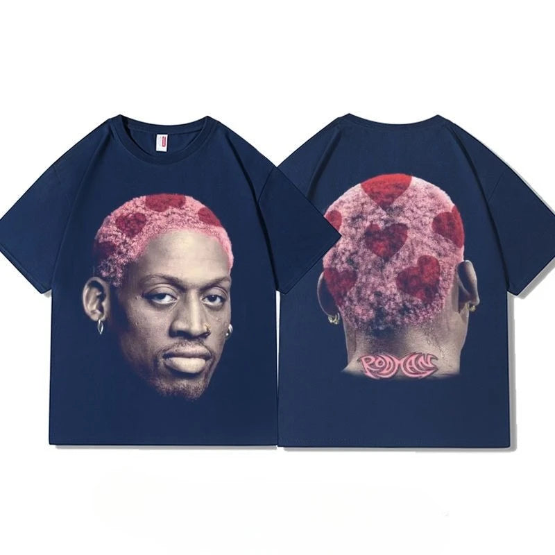 American Retro Basketball Rodman Print T-shirt Summer Round Neck Cotton Short Sleeve Unisex Sports Casual Ins Trend Tops Tees